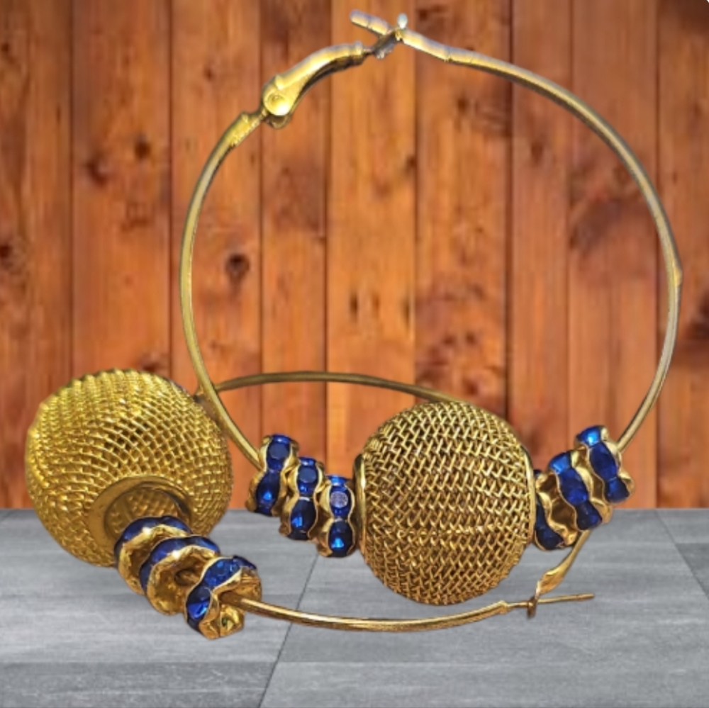 Gold Plated Handcrafted Ball Drop Hoops & Sapphire Imitation Crystal. - Picture 3 of 5